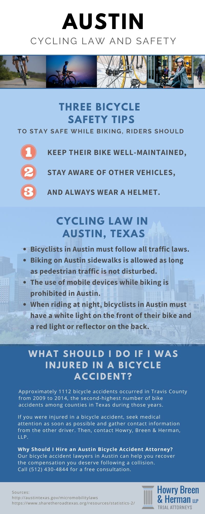 Graphic showing the following three topics: bicycle safety tips (keeping bikes well-maintained, staying aware of other vehicles and always wearing a helmet), cycling law in Austin (such as following the traffic laws and biking on sidewalks) and what to do after a bicycle accident.